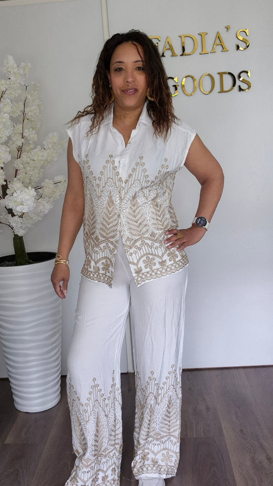 Anita-Luxe Linen Set with Embroidery – Beige