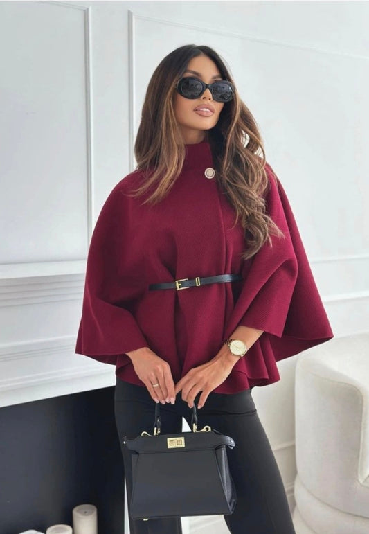 Stijlvolle Bordeauxrode Poncho met Tailleband