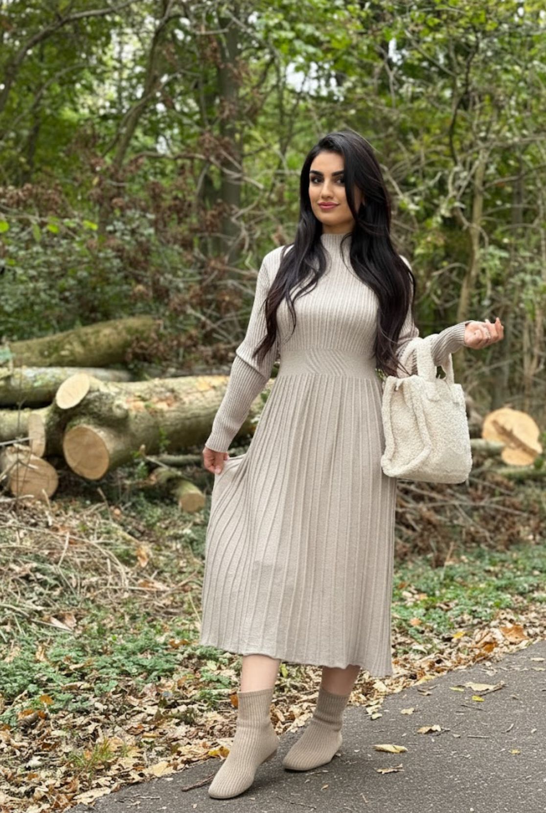 Lange Geplooide A-lijn Geribbelde Gebreide Jurk