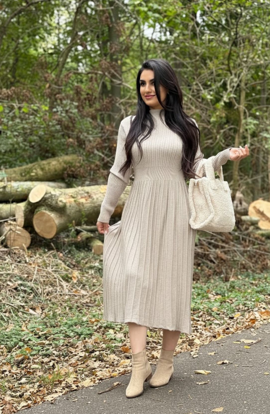 Lange Geplooide A-lijn Geribbelde Gebreide Jurk