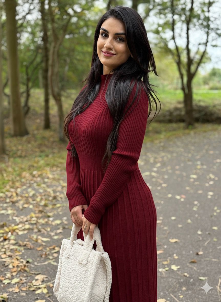 Lange Geplooide A-lijn Geribbelde Gebreide Jurk