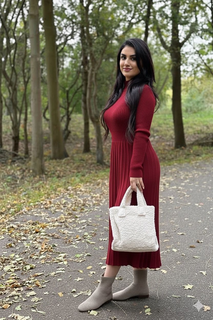 Lange Geplooide A-lijn Geribbelde Gebreide Jurk