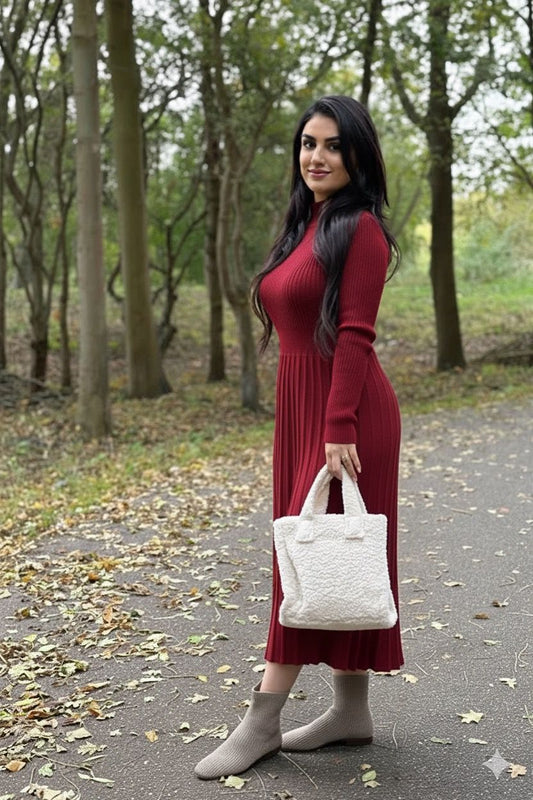 Lange Geplooide A-lijn Geribbelde Gebreide Jurk