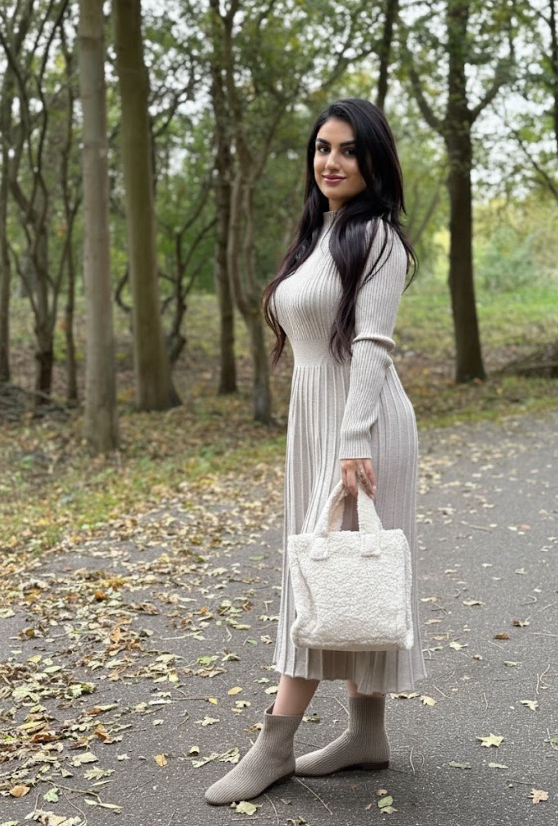 Lange Geplooide A-lijn Geribbelde Gebreide Jurk