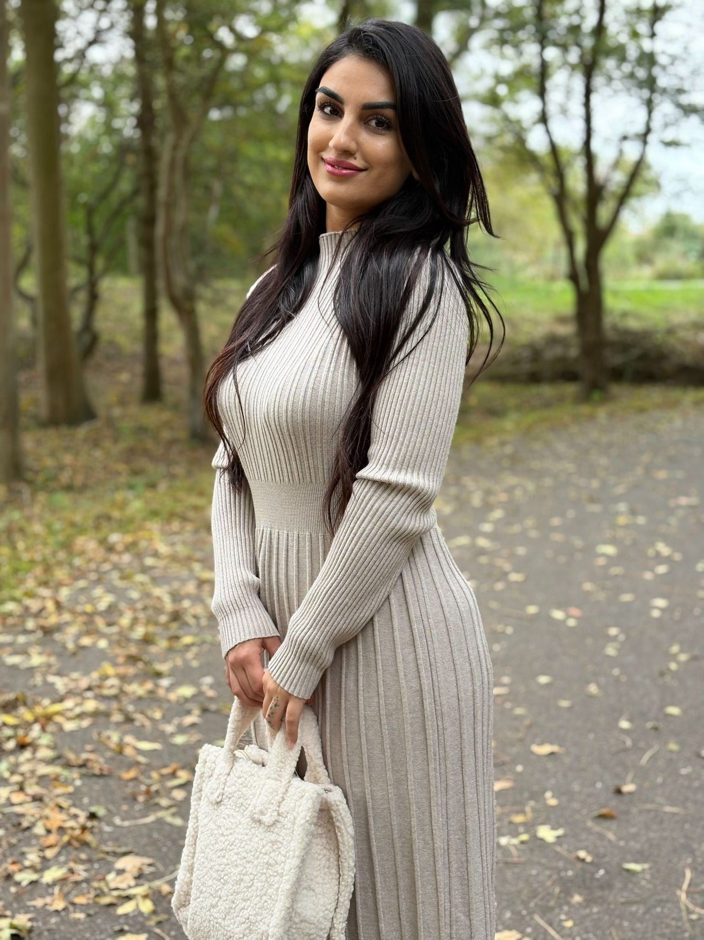 Lange Geplooide A-lijn Geribbelde Gebreide Jurk